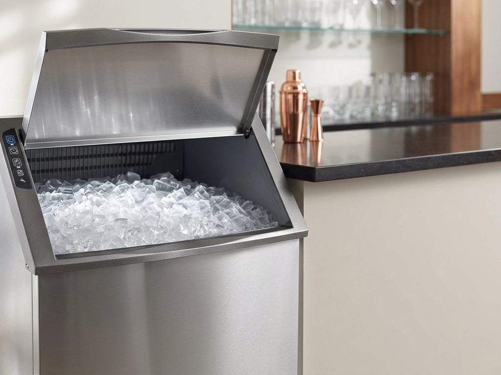Freshly cleaned commercial ice machine full of clear cube ice beside a bar